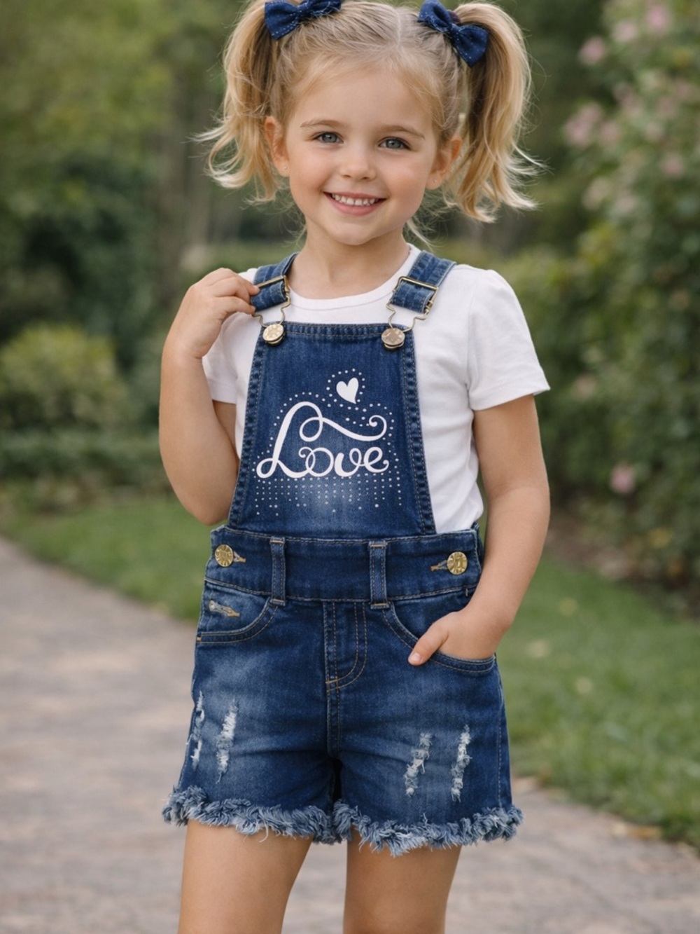 MayiDulce Girls Denim Overalls Shorts | “Love” Graphic | Size 4